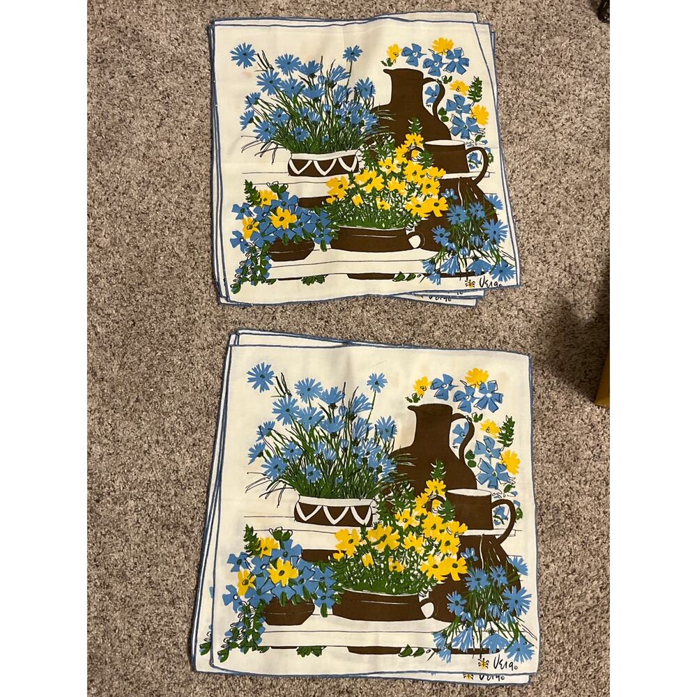 Vera Neumann Floral Cotton Napkin Brown Yellow Blue Jugs Pots Flowers 10